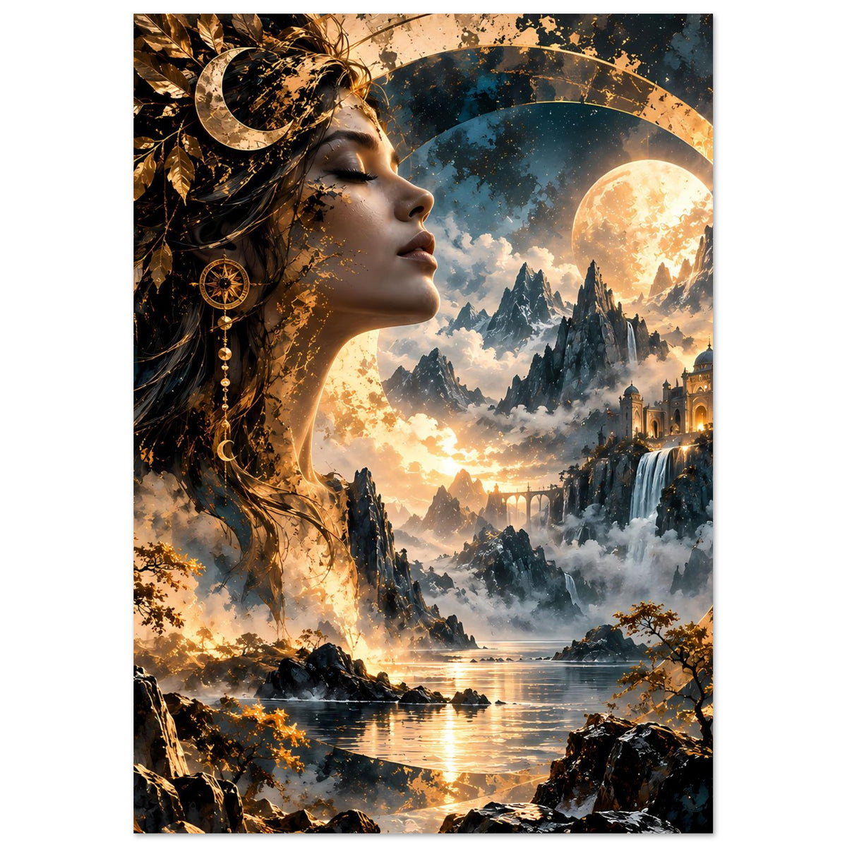 Vertikales Poster mit Frauenprofil und goldenem Mondkreis über nebliger Flusslandschaft