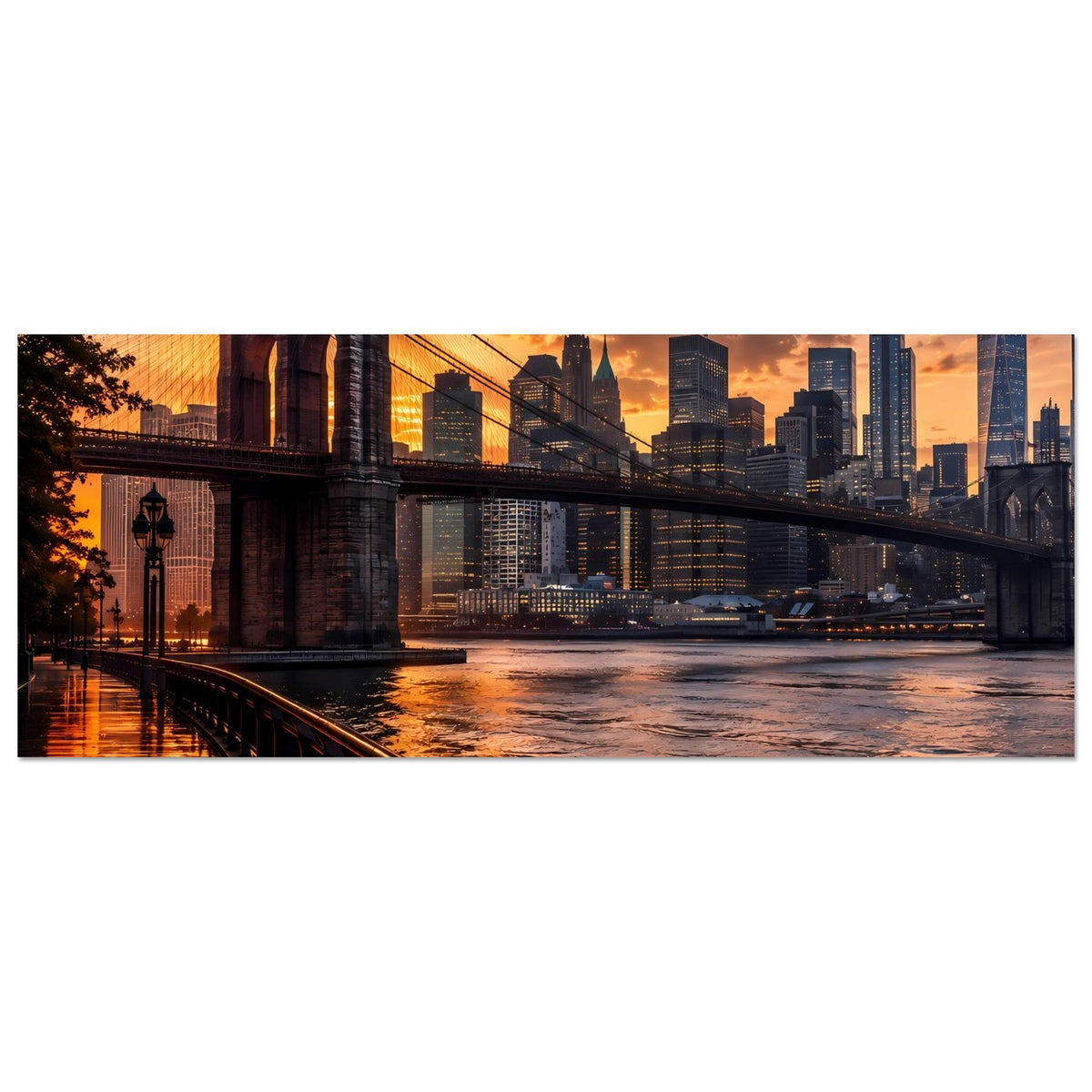 Breites Poster: Brooklyn Bridge und Manhattan-Skyline, angeschnitten am Sonnenuntergang