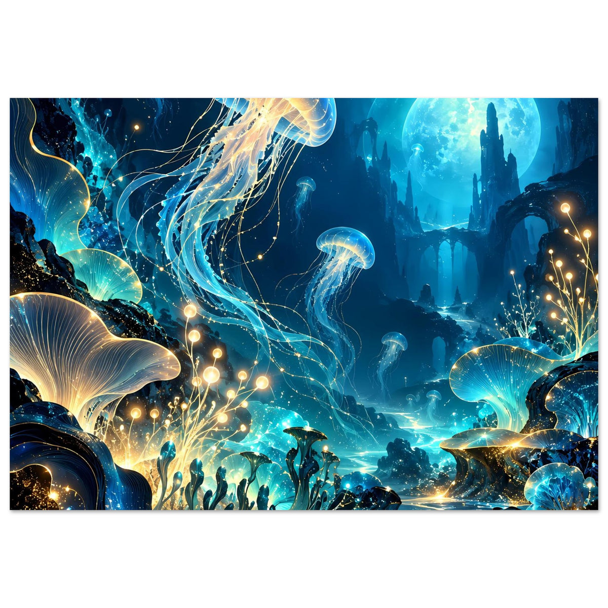 Unterwasserwelt-Poster mit blauer Tiefsee, goldenen Leuchtlinien, Korallen und Unterwasserlandschaft