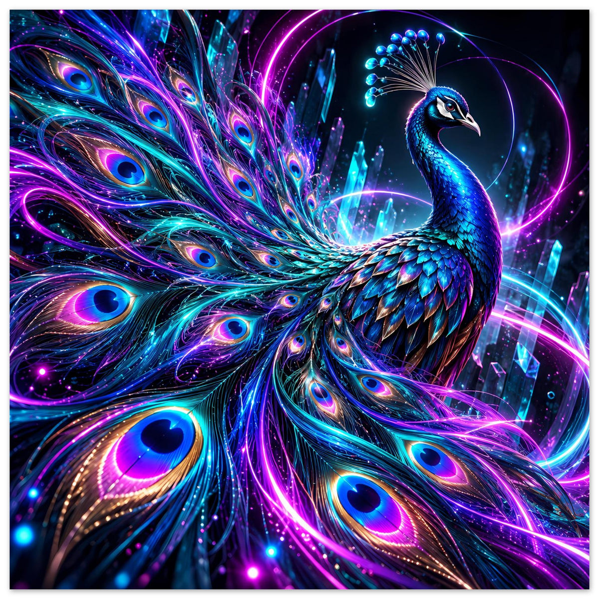 Neon-Pfauenposter mit großem Vogel, blauem Federkleid und leuchtenden Kreislinien