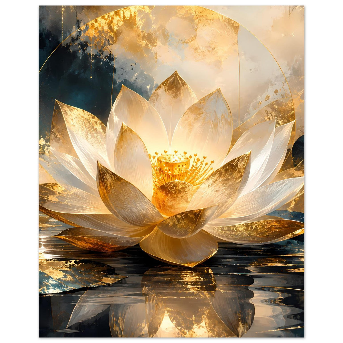 Lotusblüten-Kunstposter: weiß-goldene Blütenblätter über Wasser mit reflektierenden Rissen