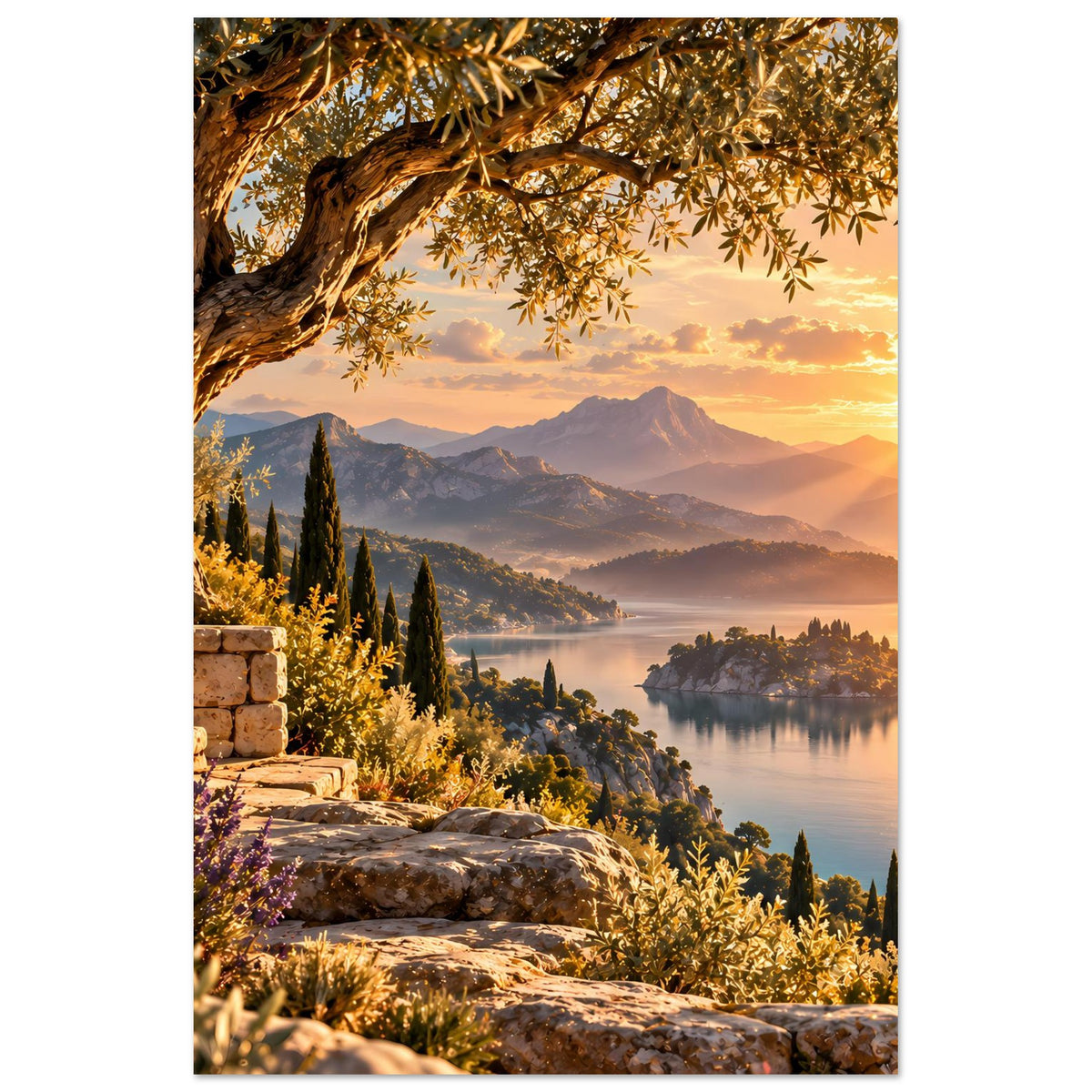 Landschafts-Poster im Hochformat mit goldenem Himmel, See, Bergen und Steinstufen am Ufer