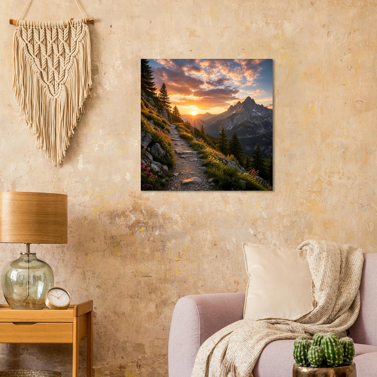 Poster mit Bergweg durch Bäume, Sonnenuntergang, schwarzer Rahmen