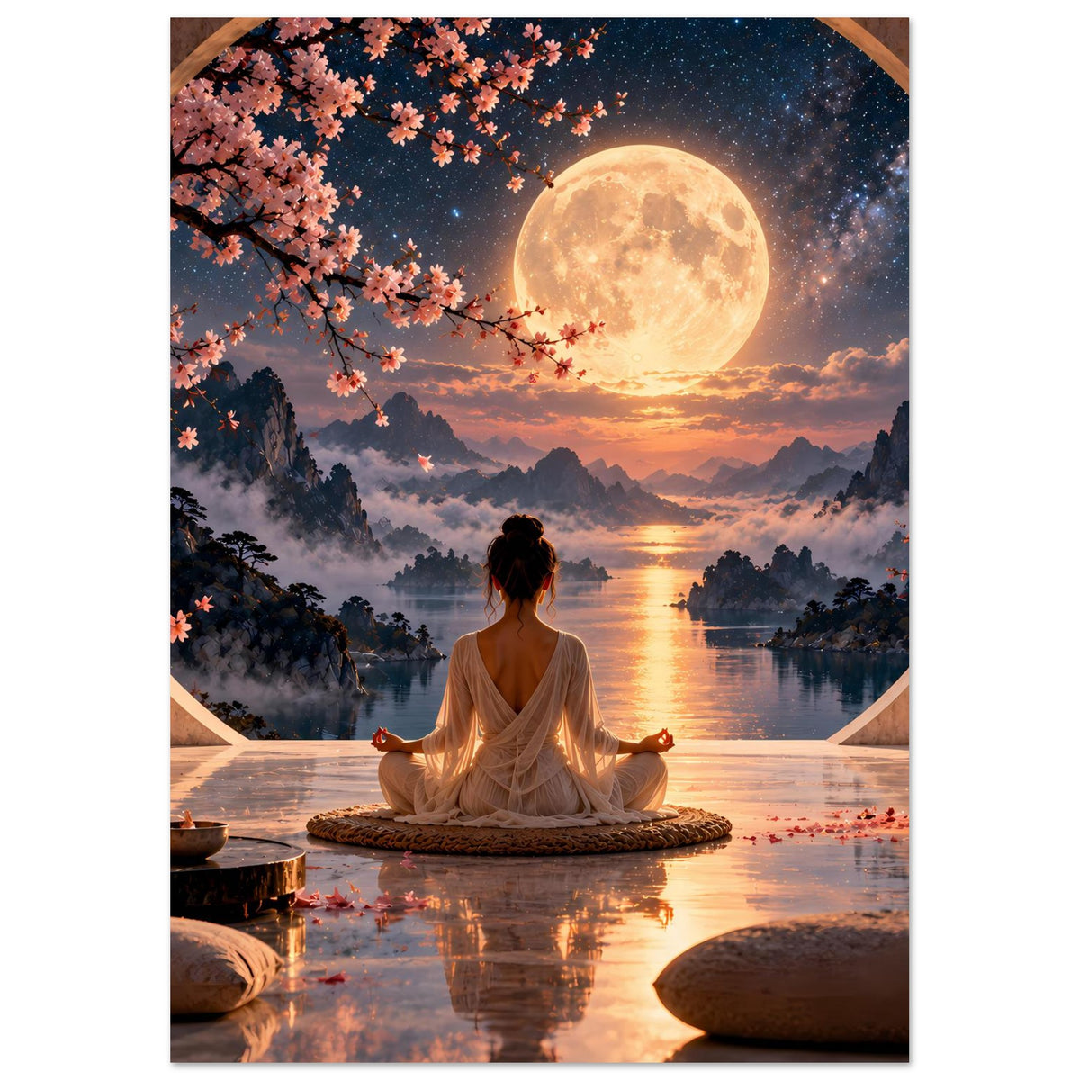 Zen-Meditationsposter, Fokus auf Meditierende im Schneidersitz vor Mondschein-Landschaft