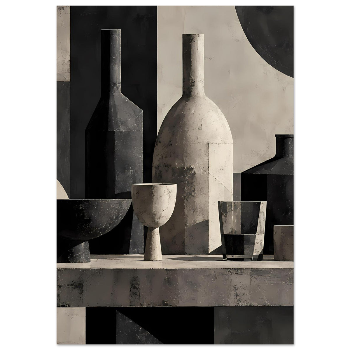 Still-Life-Poster mit mehreren Gefäßen, darunter Flasche, Becher und Schale in Monochrom