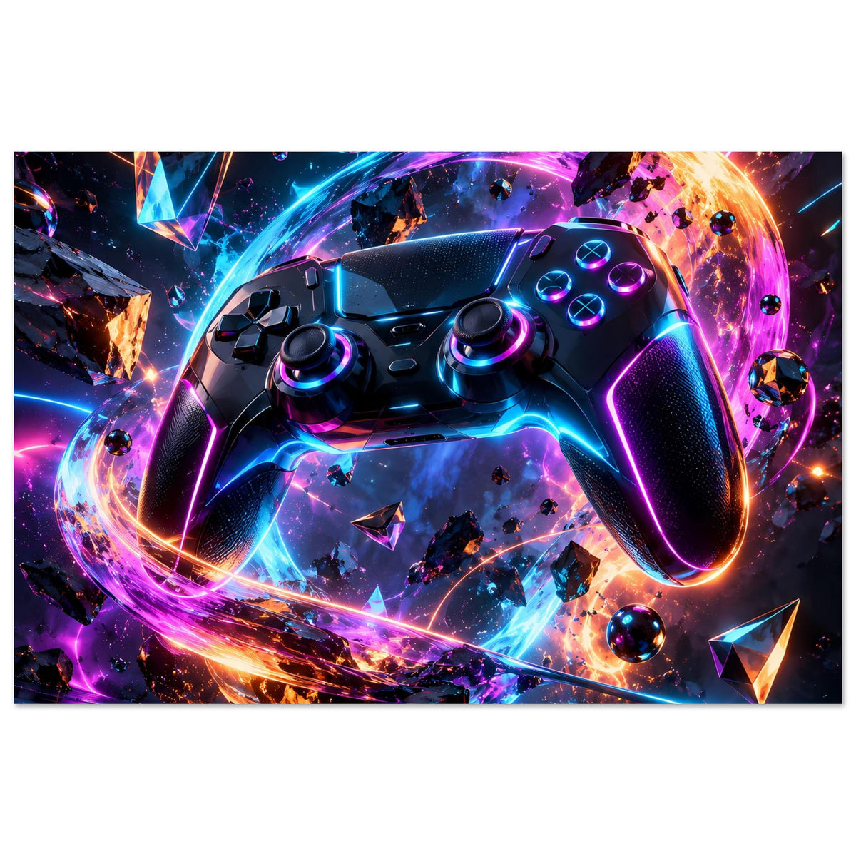 Futuristisches Gaming-Controller-Poster mit Neon-Controller und bunten Lichtstrahlen