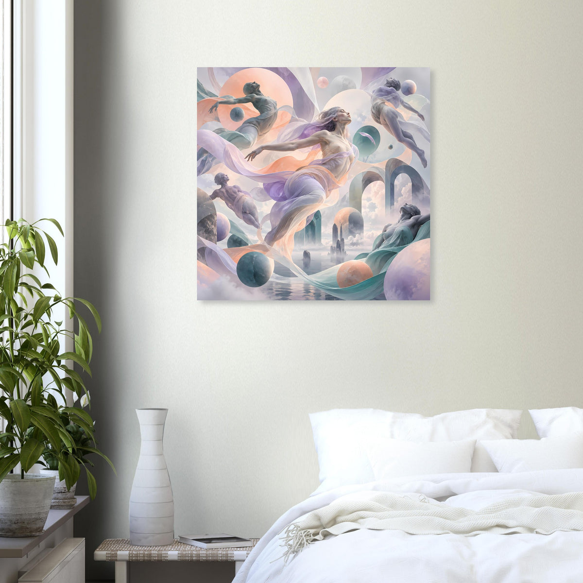 Quadratischer Kunstdruck: traumhaftes Tanzmotiv mit Pastellwolken und Lichtakzenten