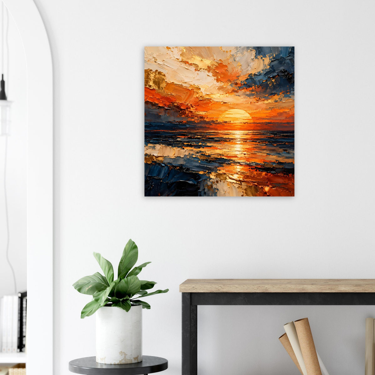 Quadratisches Poster mit abstraktem Sonnenuntergang am Wasser in Orange- und Blautönen