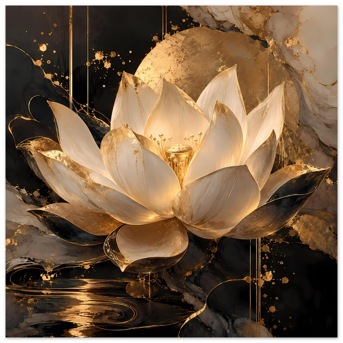 Wandposter mit Lotusblüte in Elfenbein und Gold, dunkle Kreise und Goldtropfen-Details.