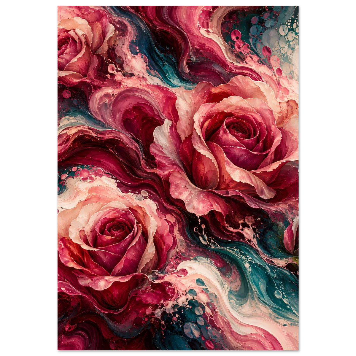Blumenposter mit großen Rosen in Rot und Pink, Türkis-Akzenten und abstraktem Wellenmuster