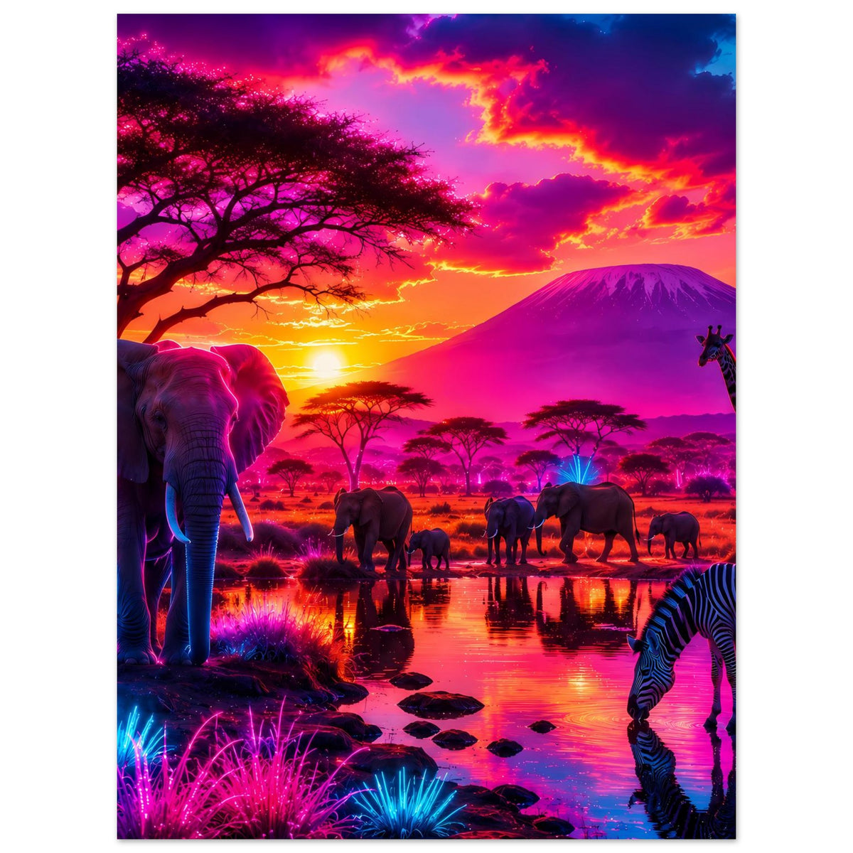 Neon-Safariposter mit Elefant vorn, Giraffe rechts, Herde in der Dämmerung.