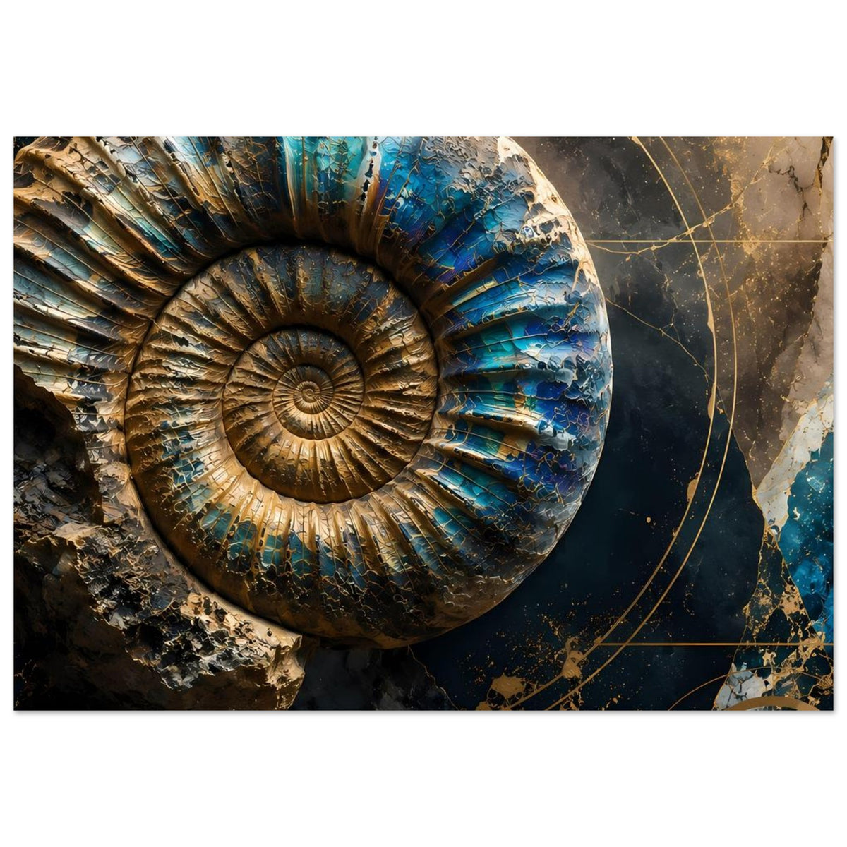 Kunstposter mit Ammonit-Spirale, blau-schimmernde Petrolflächen und goldene Umrisslinien
