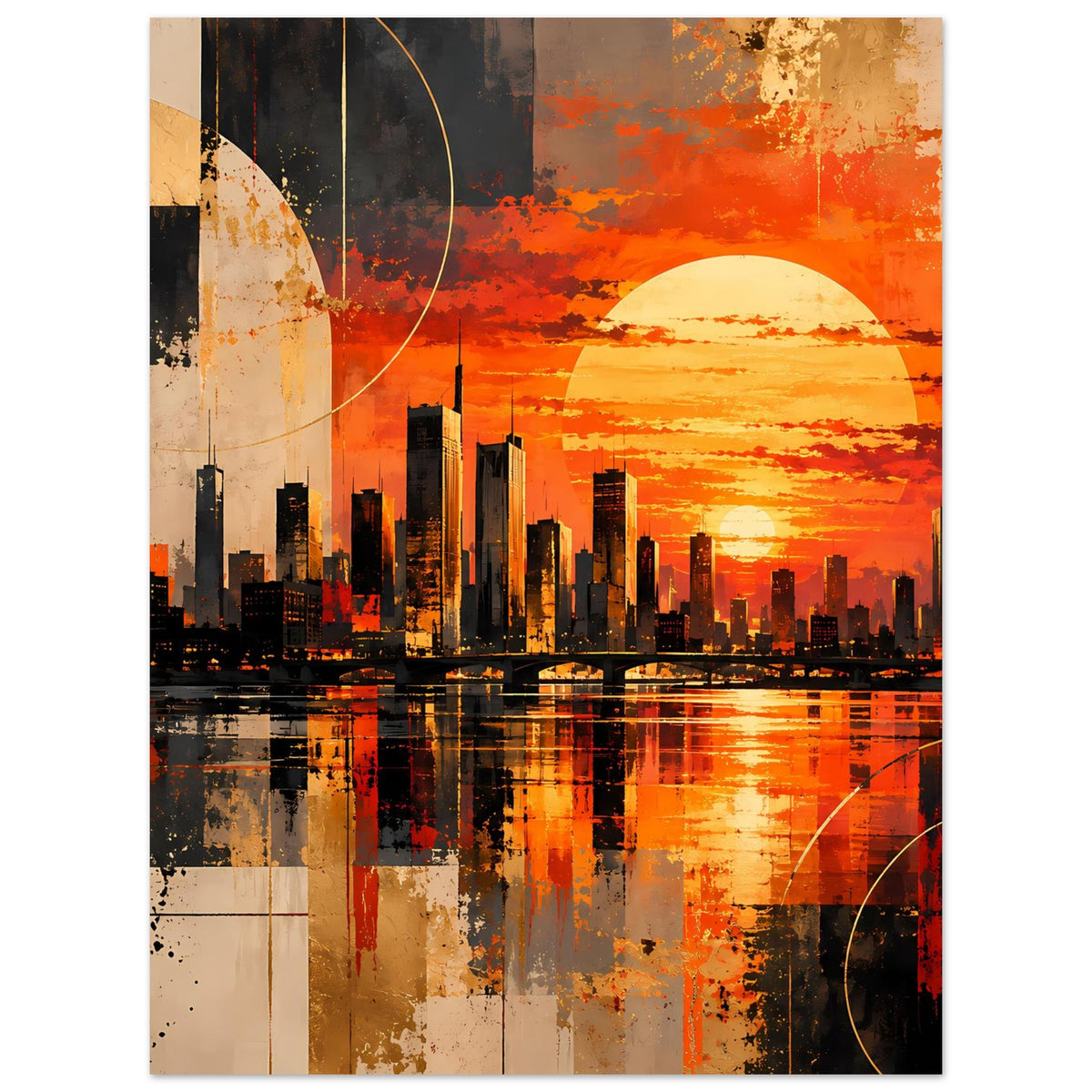 Poster, vertikal: Wolkenkratzer-Silhouette, orange Sonnenuntergang, Details in Grautönen