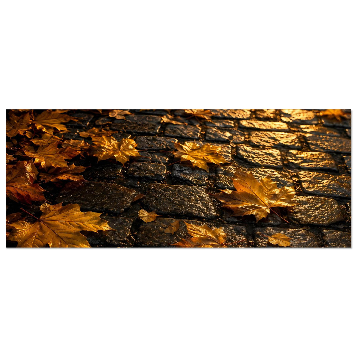 Herbstposter, horizontal: goldene Herbstblätter auf dunklen Steinen mit warmen Lichtreflexen