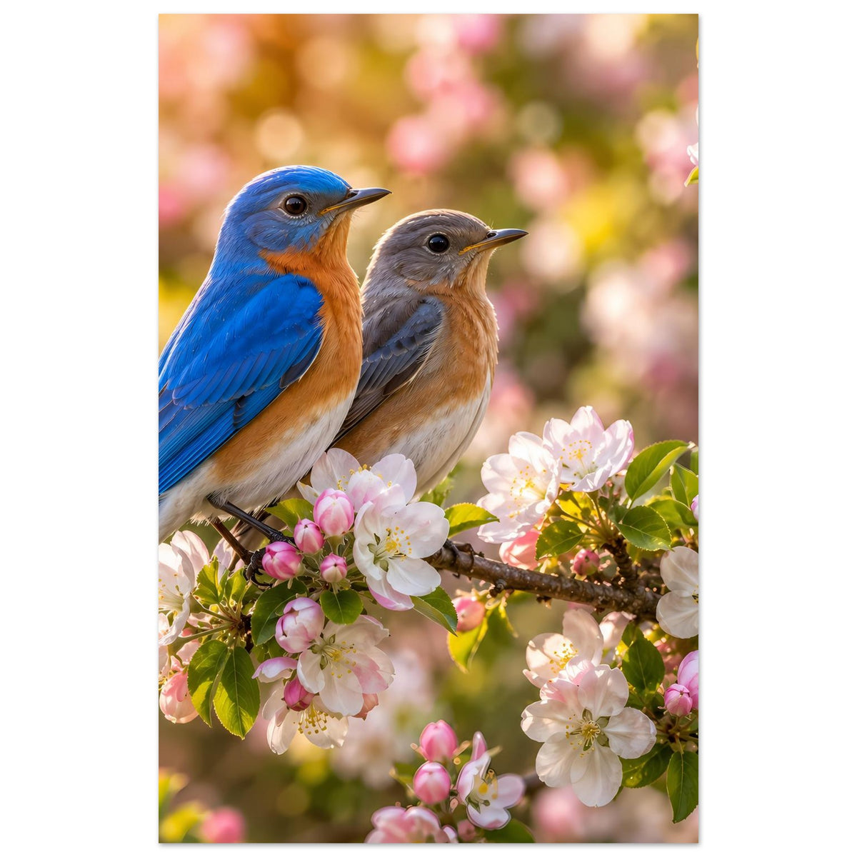 Vogelposter im Hochformat: zwei Vögel auf blühendem Zweig mit rosa-weißen Blüten