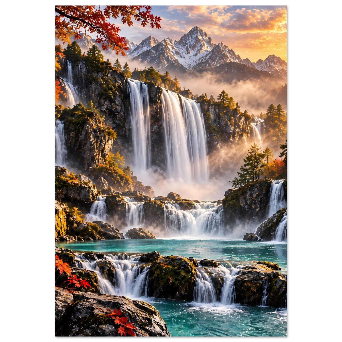 Poster mit Wasserfällen, Berggipfeln und Herbstlaub im warmen Abendlicht