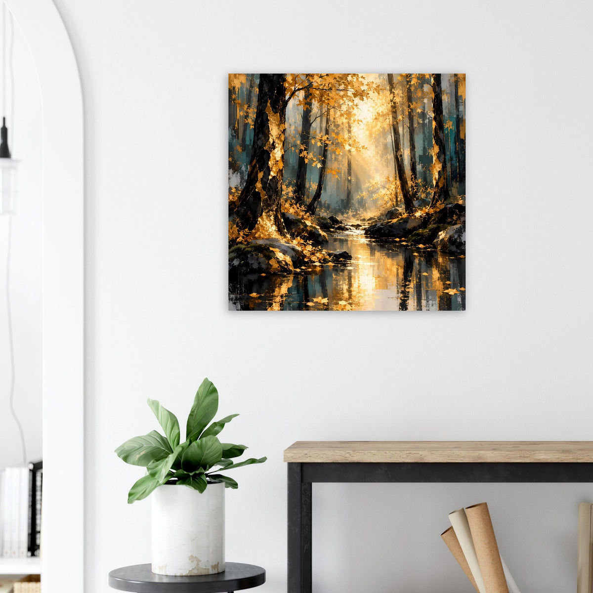 Quadratisches Wandposter mit Herbstwald und goldener Lichtung über ruhigem Wasser.