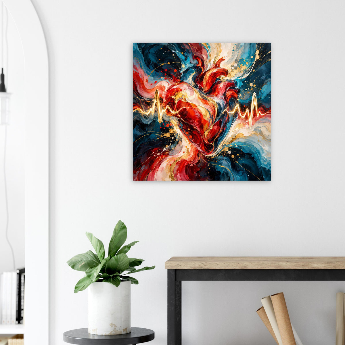 Quadratisches Poster mit abstraktem Herz und Herzschlaglinie in Blau, Rot und Gold