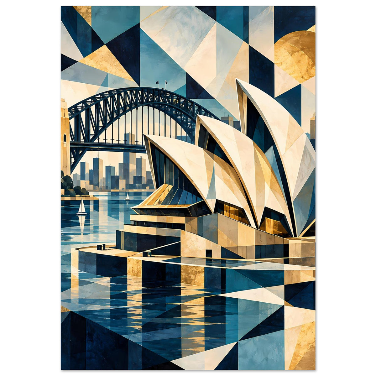 Poster im geometrischen Stil mit Sydney-Hafen: Brücke, Opernbau mit Dreiecksflächen, blau-goldener Fluss