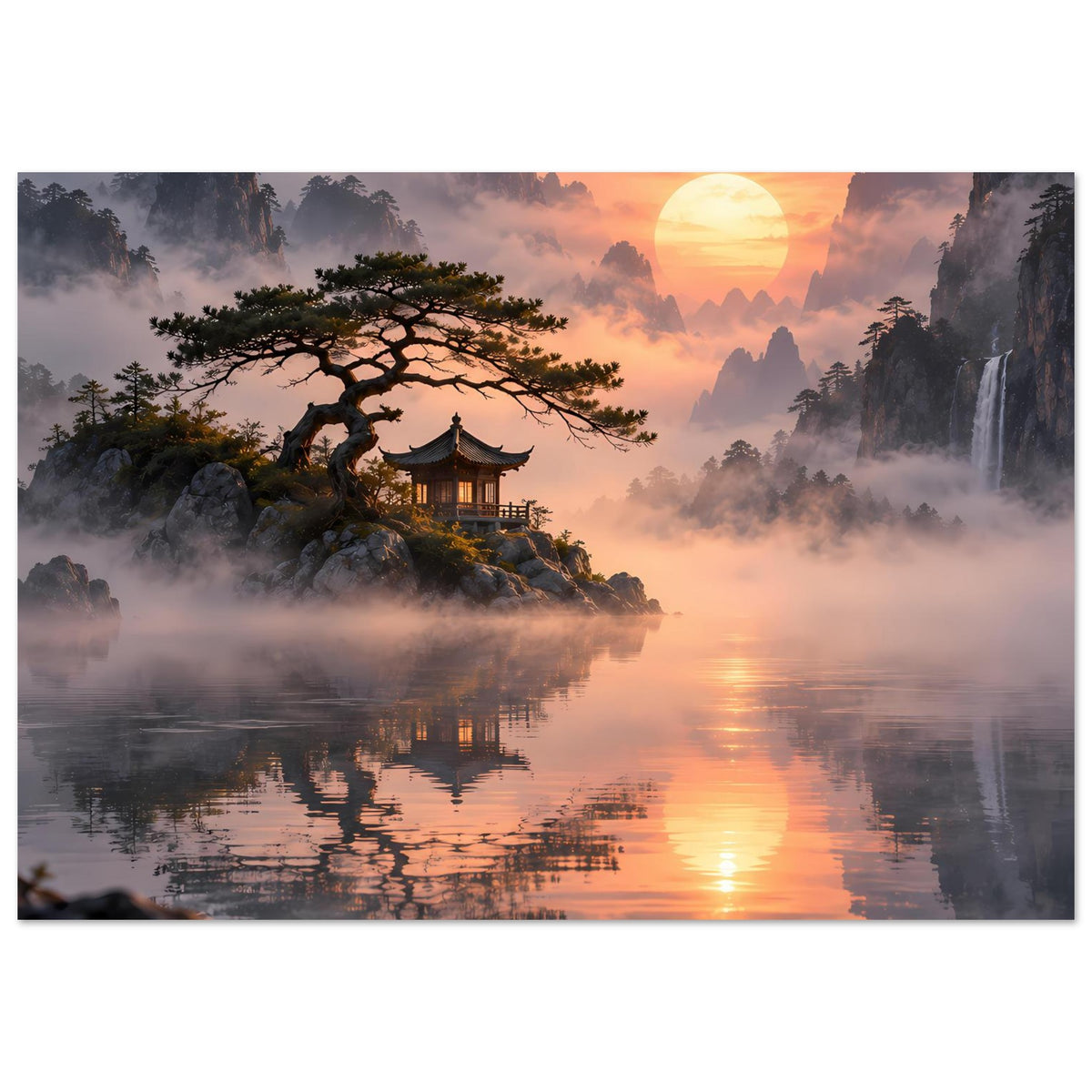 Poster mit asiatischer Landschaft: See, Nebelberge, Pagode und großer Baum vor Sonnenuntergang