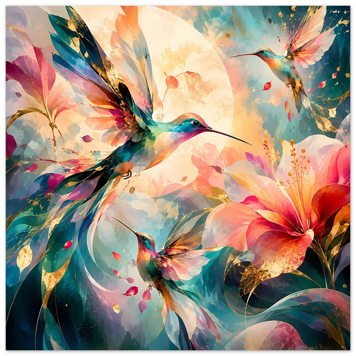 Kunstposter mit Kolibri und Blüten, leuchtende Farben, gemalte Federn und Schimmerdetails