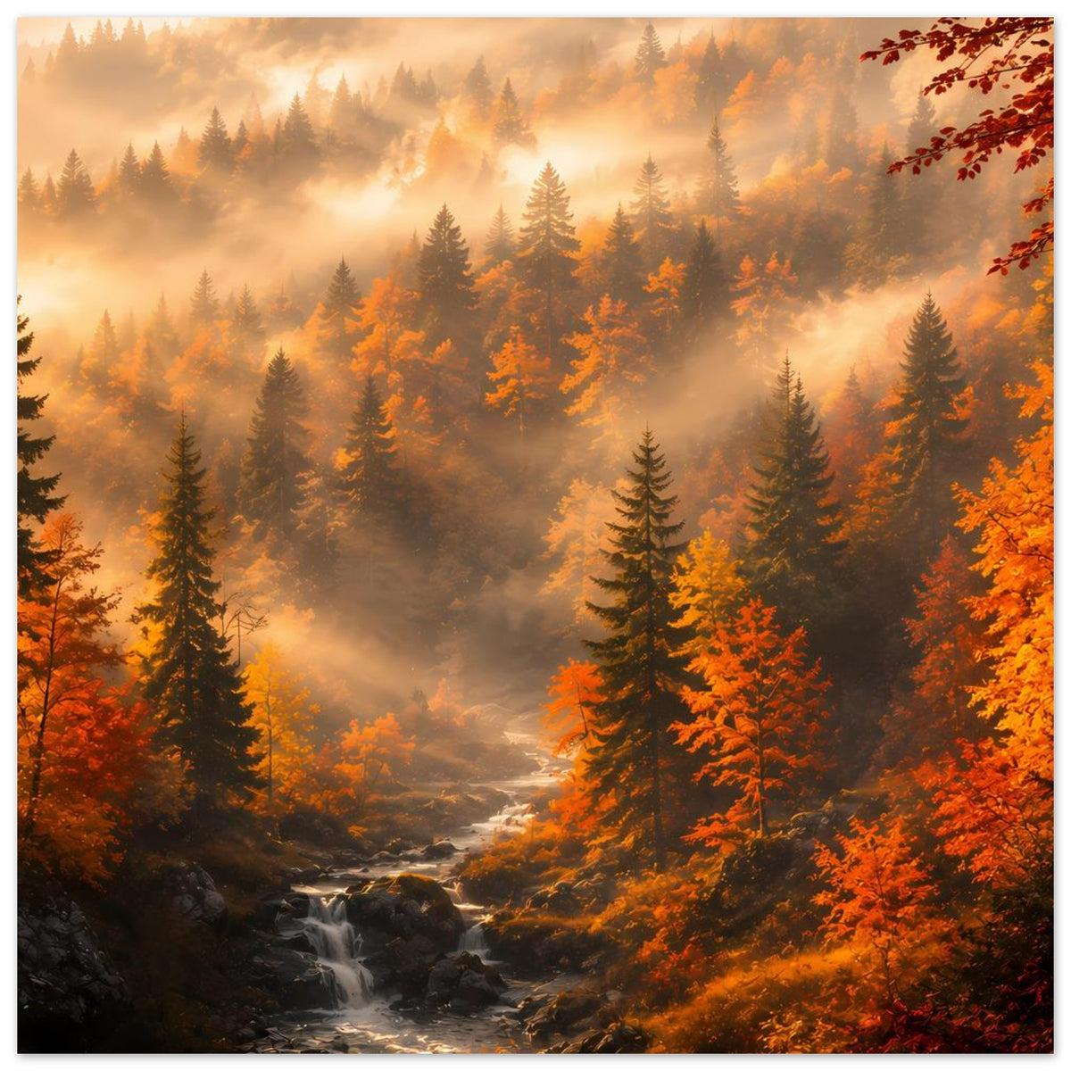 Herbstlandschaft-Poster mit Tannen, goldenem Dunst und Bachlauf durch den Wald