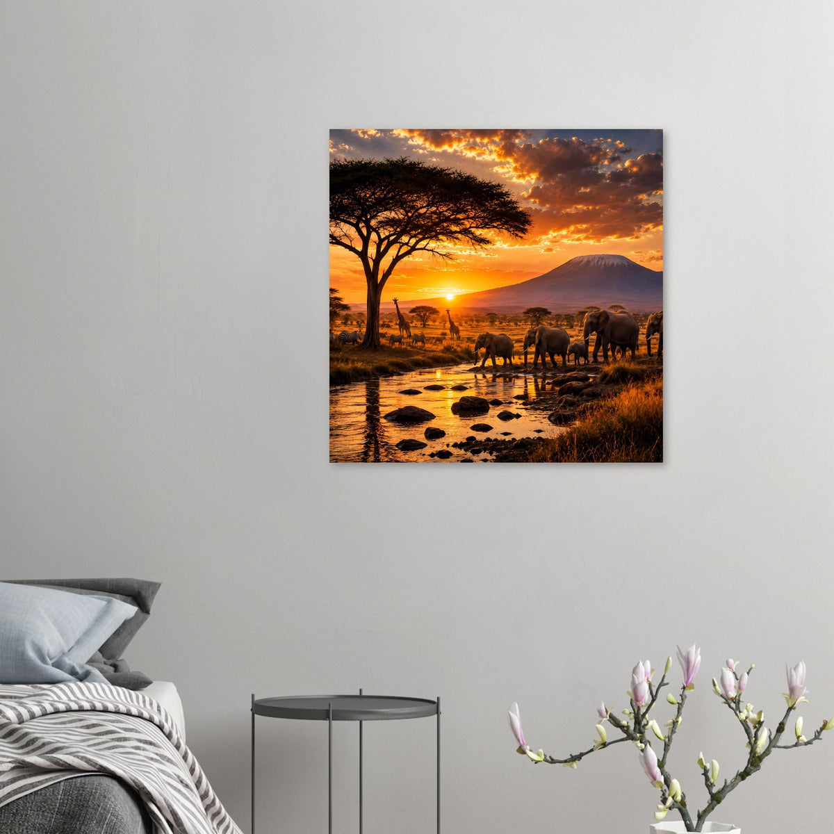 Kleines Safari-Poster am Wohnwand: Elefanten am Wasser bei Sonnenuntergang