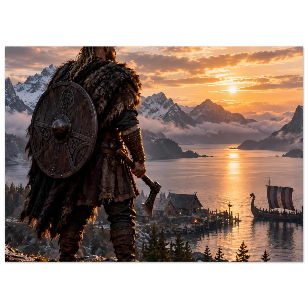 Wikinger-Poster: Rückenansicht mit Rundschild, Langschiff im Fjord bei Sonnenuntergang