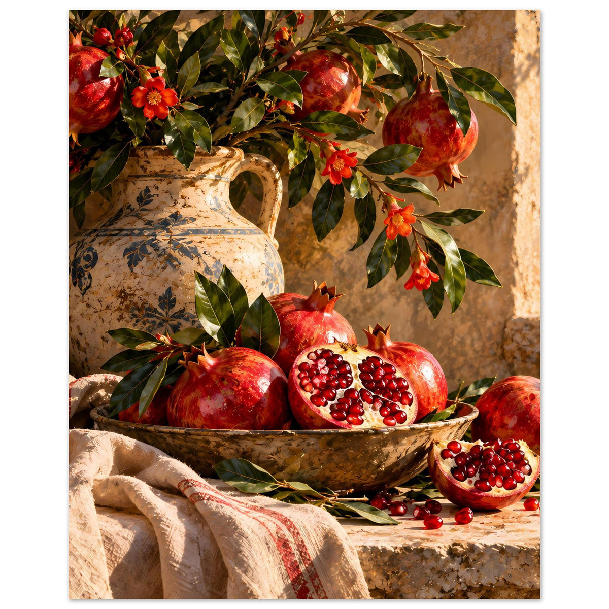 Poster mit Granatäpfeln, Keramikvase, Schale und roten Blüten an grünen Zweigen