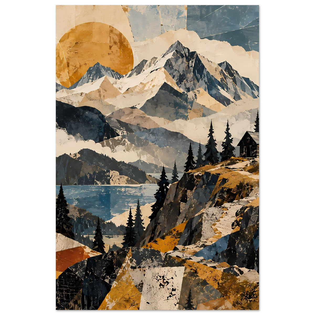 Naturposter mit Berglandschaft, Tannenwald und See im warmen Sonnenuntergang-Stil