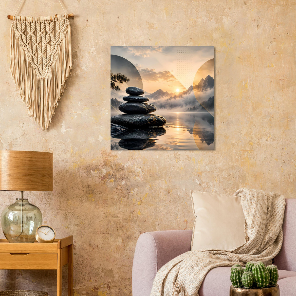 Wandposter mit Steinhaufen am Ufer, Sonnenaufgang zwischen Bergen