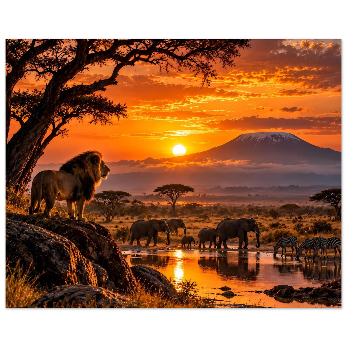 Safari-Poster im Querformat: Löwe am Ufer, Elefanten und Zebras am Wasser bei Nachtglühen