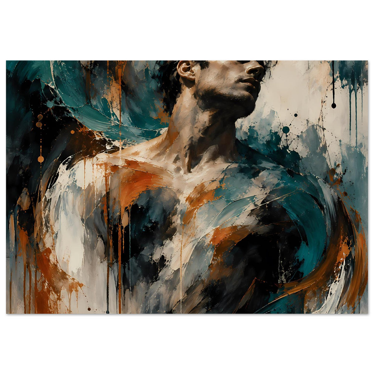 Kunstposter mit expressivem Porträt, breiter Bildausschnitt, Teal und Rostorange, Farbflächen