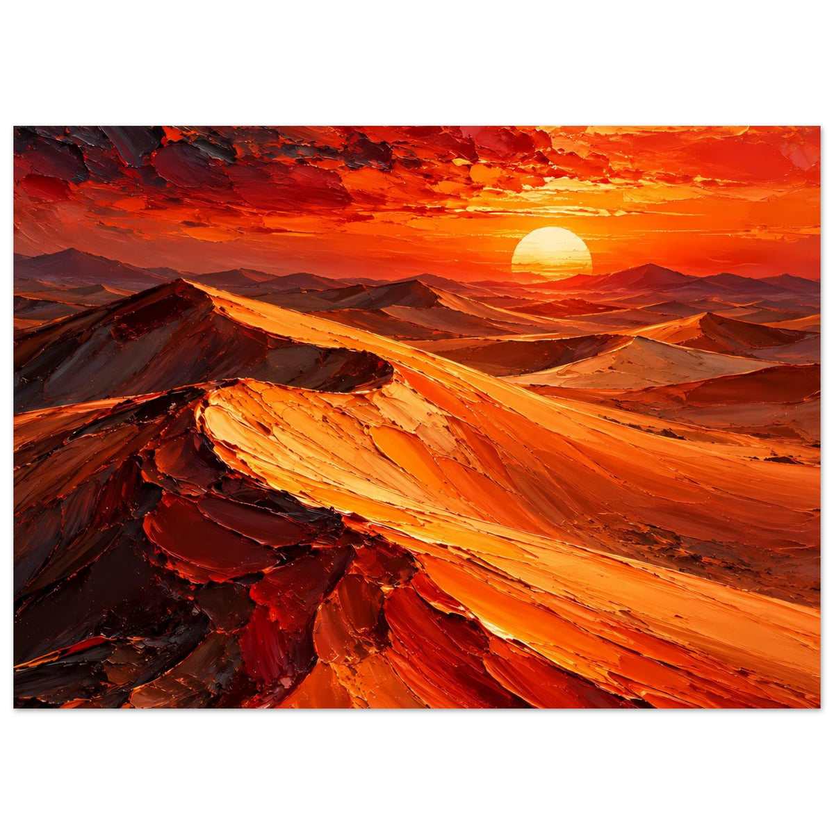 Poster mit Wüstenlandschaft: orangefarbene Sonne über rot-orangen Dünen, Felsen im Vordergrund