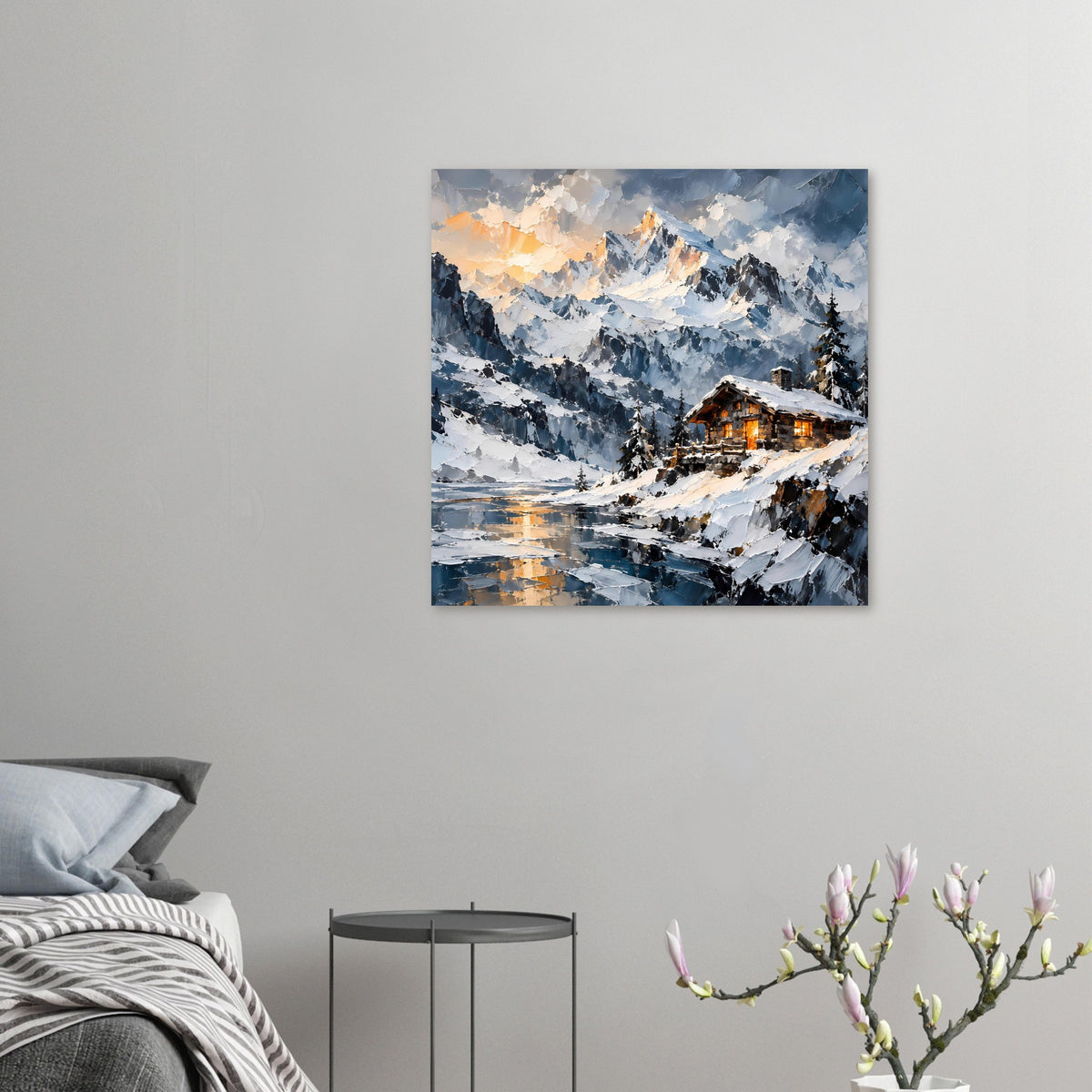 Winterlandschafts-Poster: kleine Alpenhütte im Schnee mit warm leuchtenden Fenstern