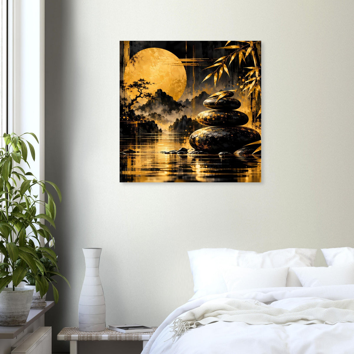 Wandposter Zen mit gold-schwarzer Mondszene, Bambus und gestapelten Steinen am Wasser