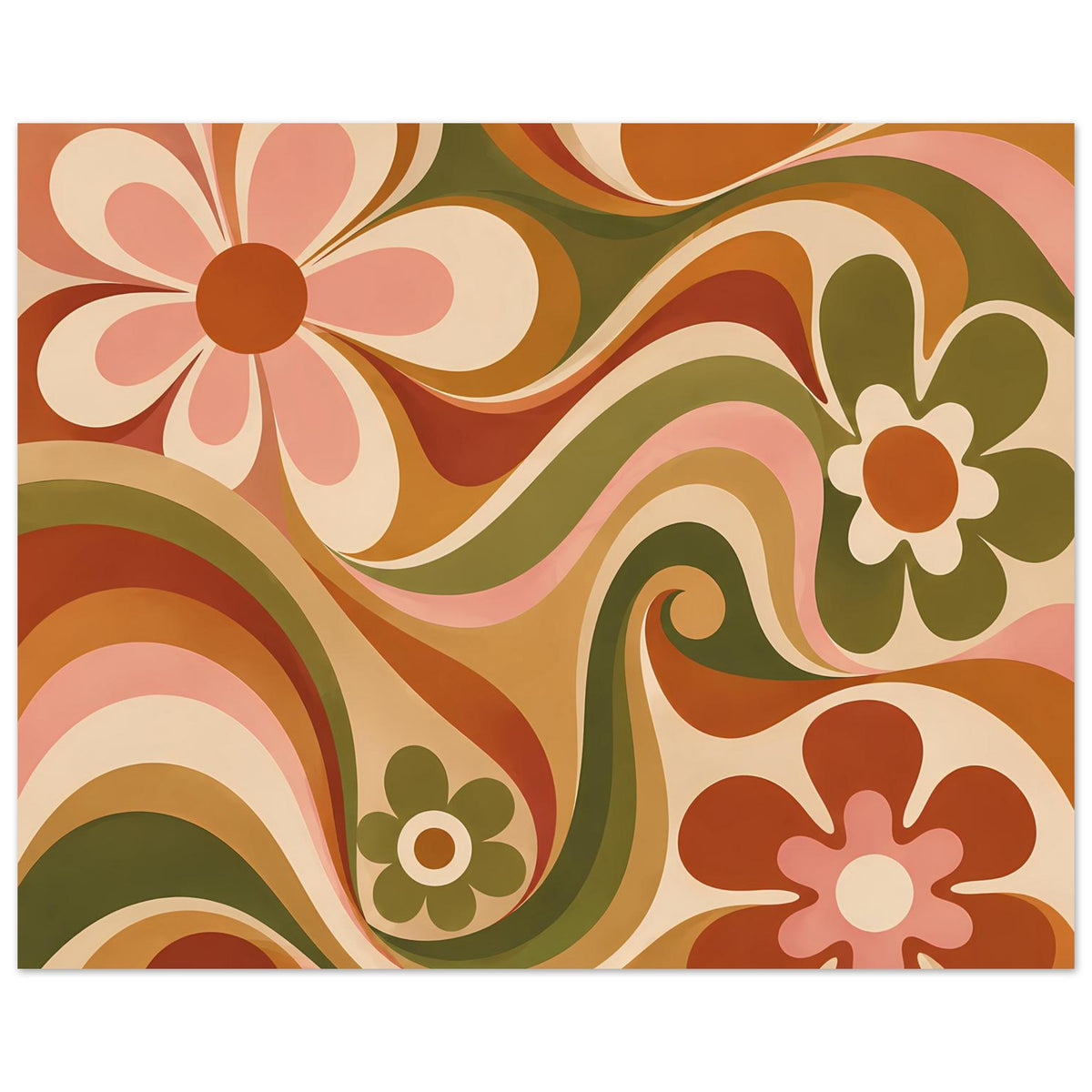 Florales Retro-Poster mit geschwungenen Linien und Blüten in Olivgrün und Orangetönen