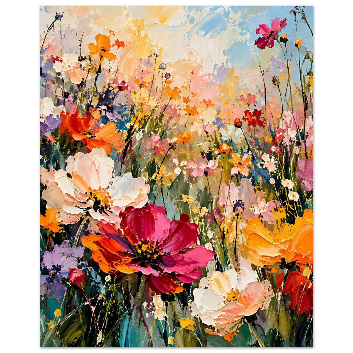 Blumenposter im Hochformat mit großen Blüten in Pink und Orange, viele weitere Blumen
