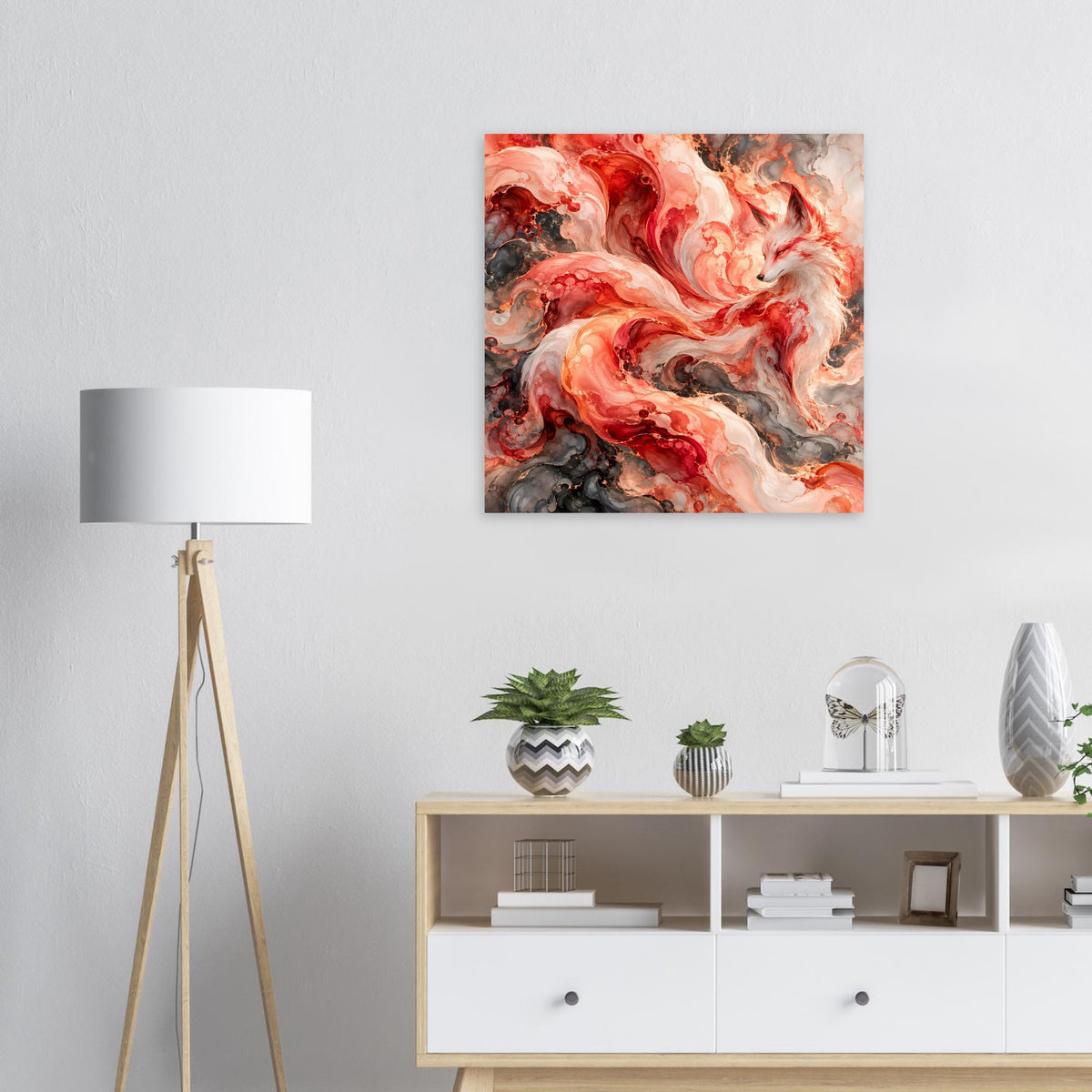 Kunstdruck mit abstraktem Fuchs-Motiv, rot-orangene Flammenwirbel auf dunklem Hintergrund