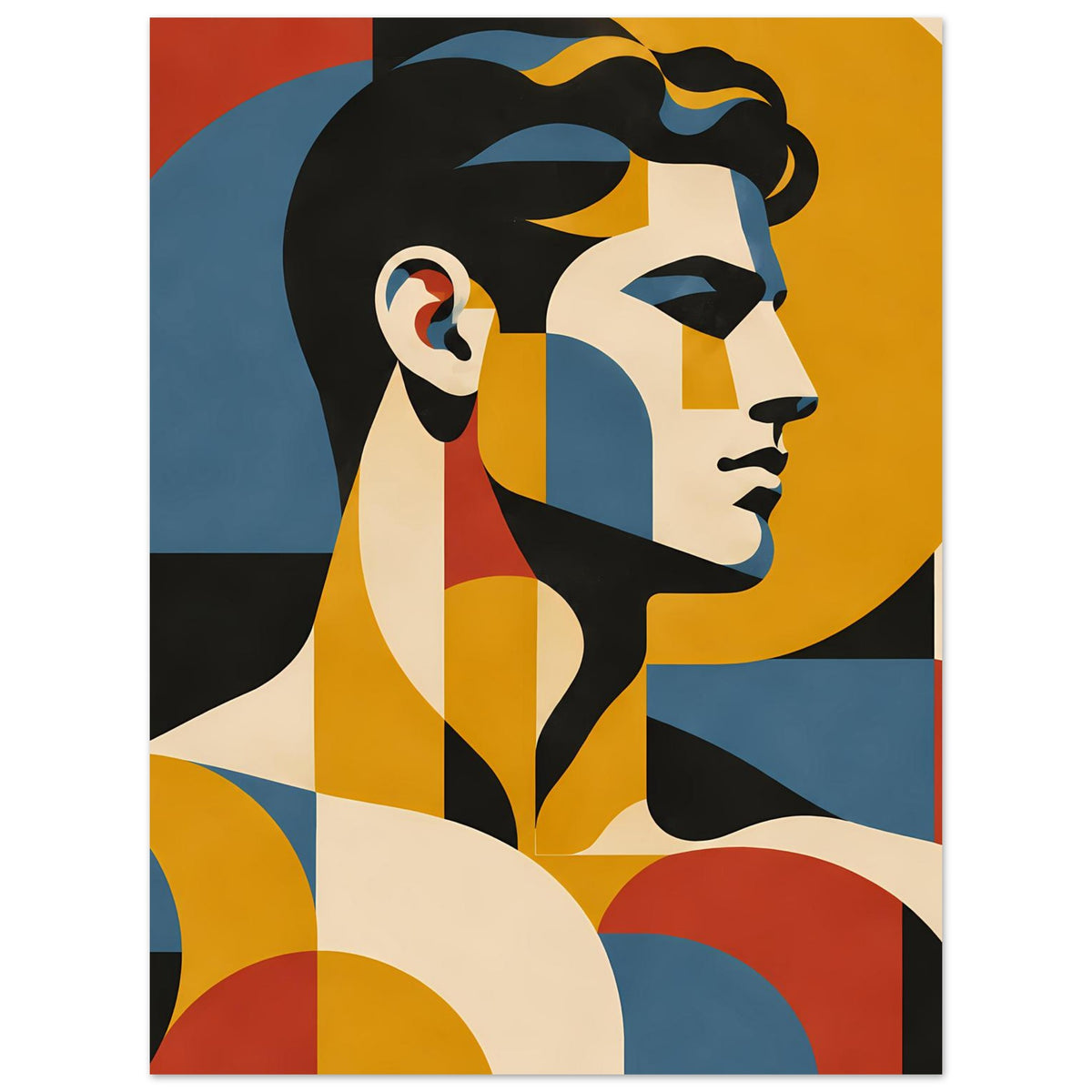 Bauhaus-inspiriertes Porträtposter mit Frauenprofil im Stil geometrischer Kunst, leuchtende Farben