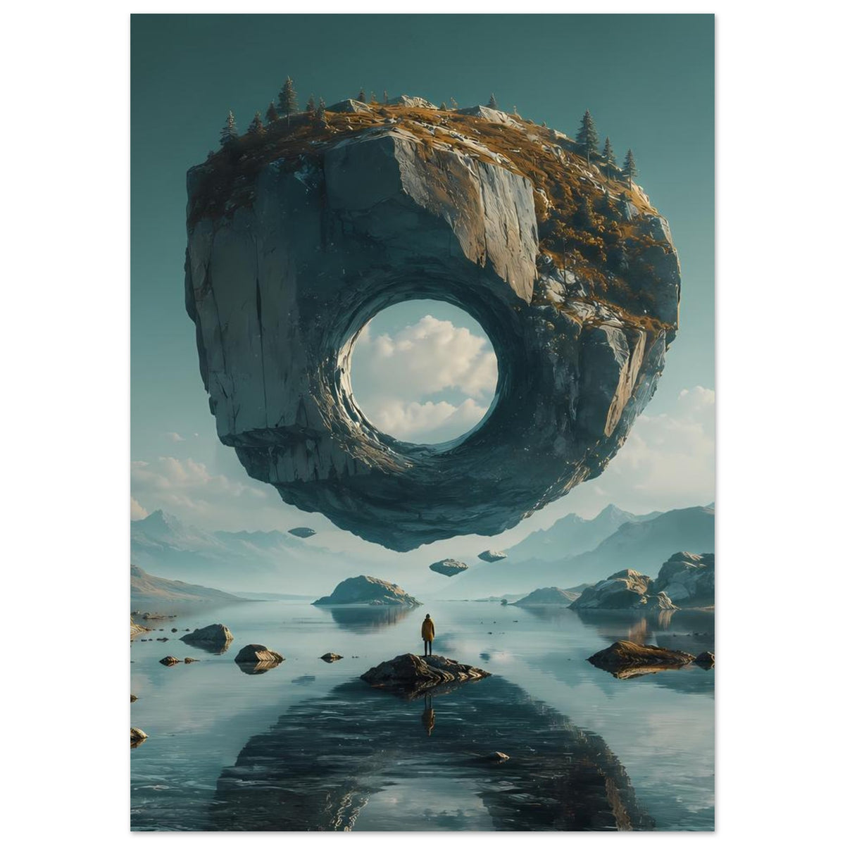 Poster mit schwebendem Felsring, Berge im Hintergrund und Person auf dunklem Weg am See