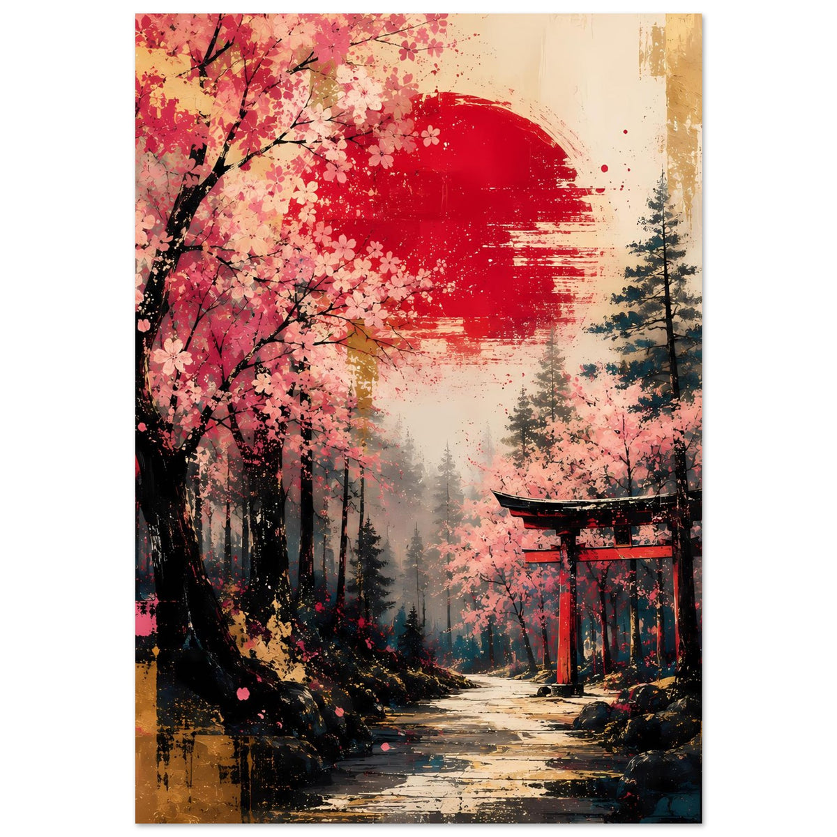 Poster mit Kirschblütenzweigen, rotem Halbmond-Brushstroke und Torii am Pfad