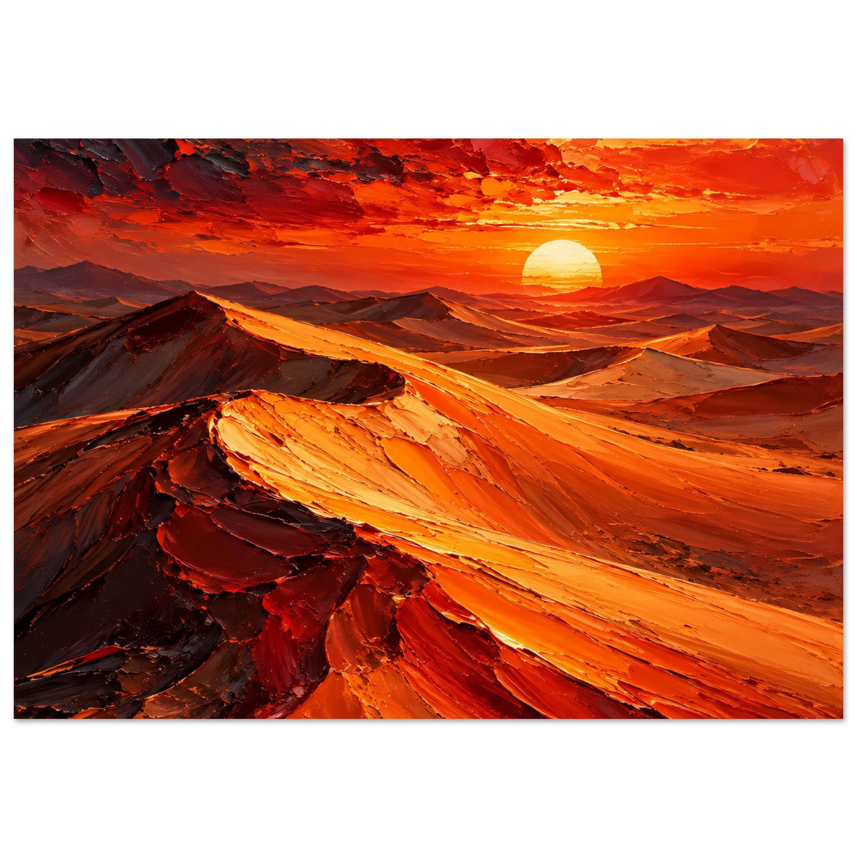 Poster mit Wüstenlandschaft, rote Himmelwolken und orange Sonne über Dünen