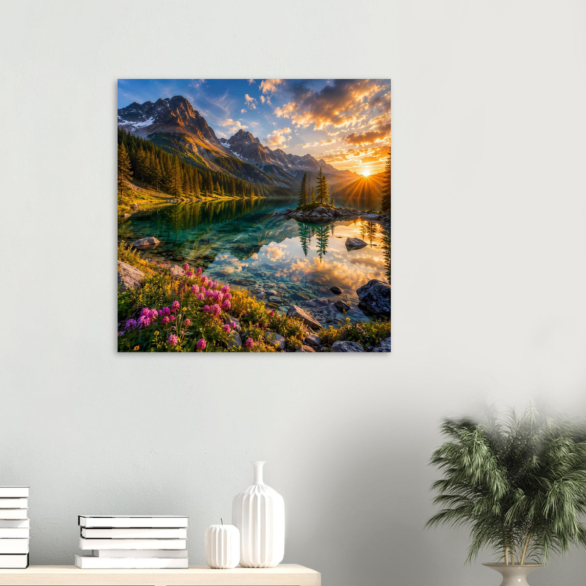 Quadratisches Poster: Bergsee mit Fichten, violetten Blüten, Steinen und leuchtenden Sonnenstrahlen