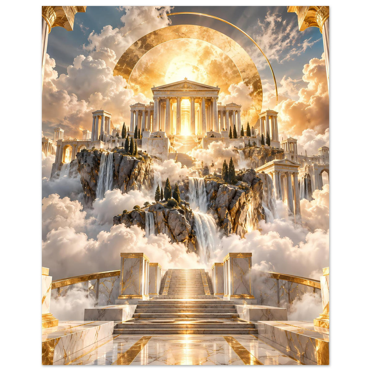 Poster mit großem Tempelbau, goldener Lichtbogen-Kuppel, Treppe und weißen Wolken