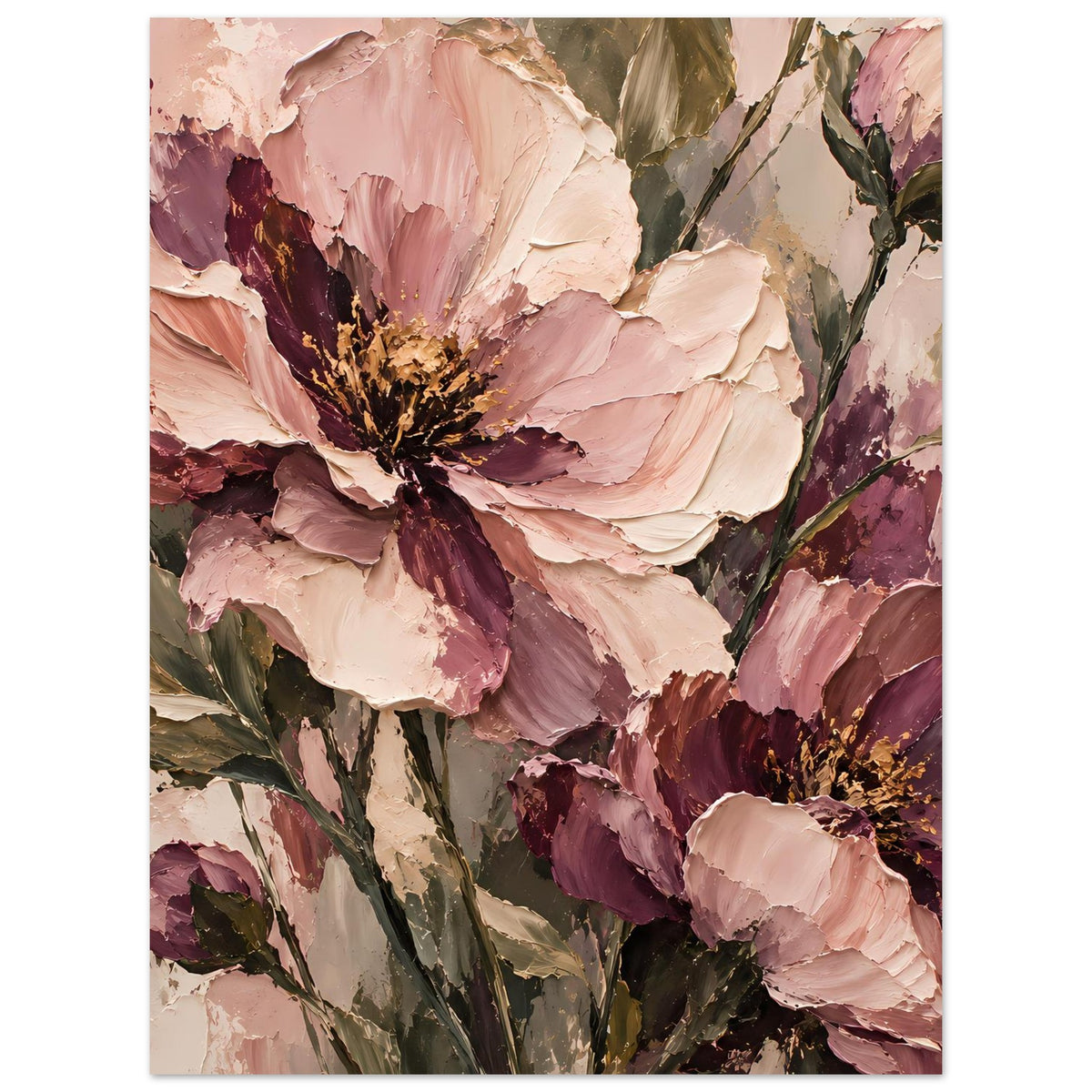 Florales Poster mit mehreren Blüten im Hochformat, blassrosa und dunkelmauvefarben, mit grünen Blättern.
