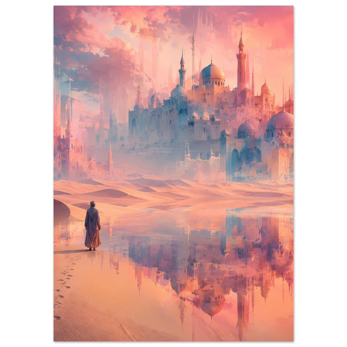 Wandposter mit orientalischem Palast über Sanddünen, Figur und spiegelnder Wasserfläche