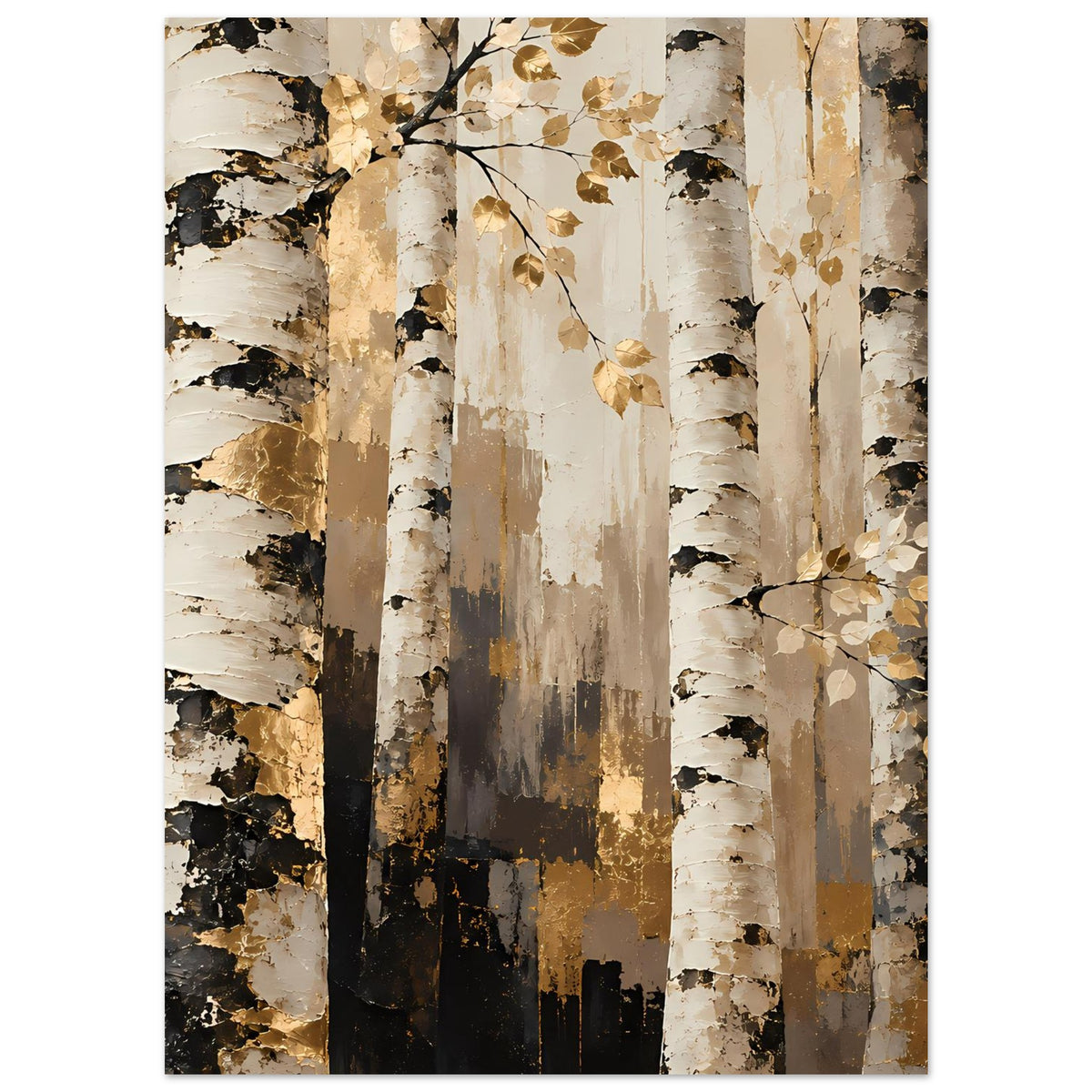 Naturposter: Birkenwald mit goldenen Blättern und feinen Zweigen, creme- und braunfarbene Flächen.