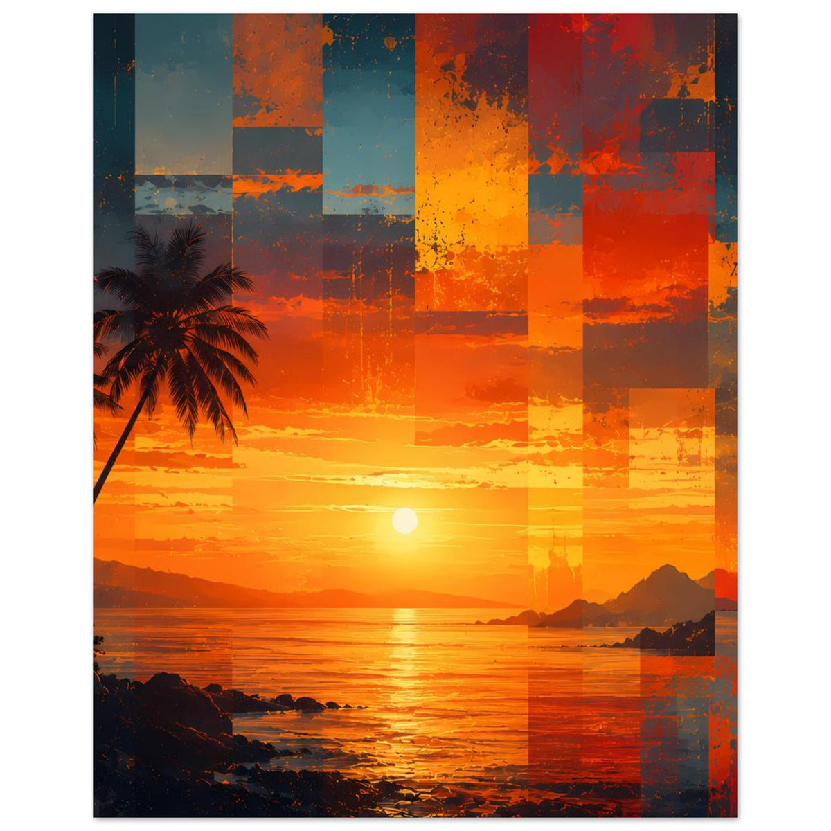Vertikaler Kunstdruck: Sonnenuntergang mit Patchwork, Palme links, orange Farbverlauf