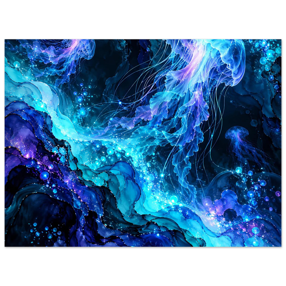 Leuchtendes Quallen-Poster im Querformat mit blauen Lichtpunkten, violetten Farbtupfern und Quallenformen
